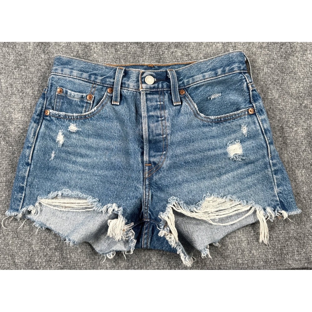 Levis 501 Original Womens W25 Cutoff Medium Wash Distressed High Waist Shorts